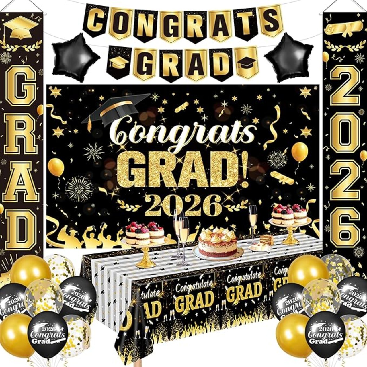 Class of 2026 Graduation Decorations Mega Bundle - Black & Gold Congrats Grad Party Set - Includes Fabric Backdrop, Porch Signs, Pennants, Waterproof Tablecloth & Confetti Balloons - Premium High School & College Supplies